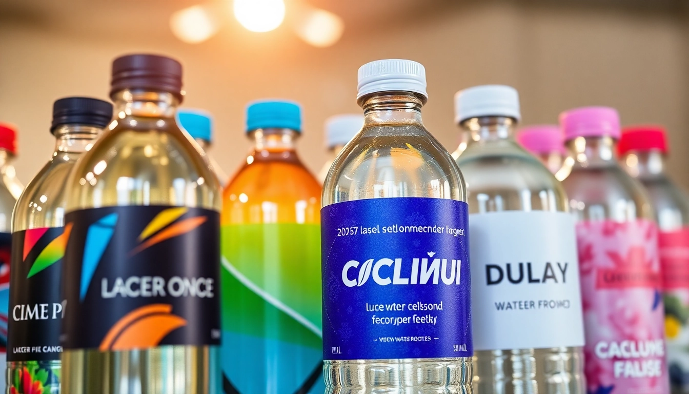 High-quality custom water bottle labels being applied to bottles, showcasing waterproof durability and vibrant designs for events or branding, emphasizing versatility and quality.