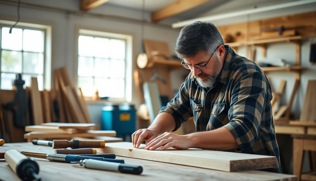 Carpenter expertly measuring and cutting wood for a custom project in a well-lit workshop, showcasing craftsmanship and precision.