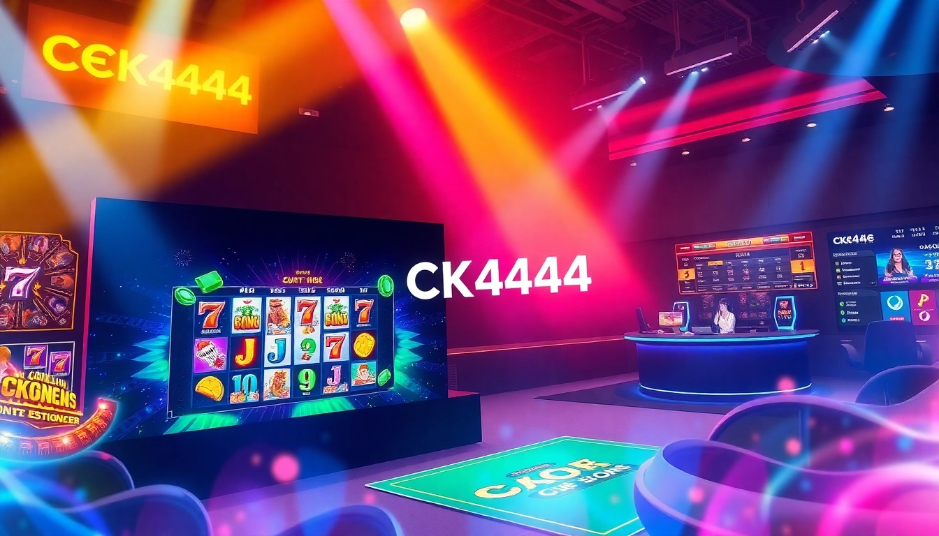 CK4444 logo displayed on a sleek digital interface with slots, live dealer, and sports betting elements, engaging players with vibrant visuals for online gaming.