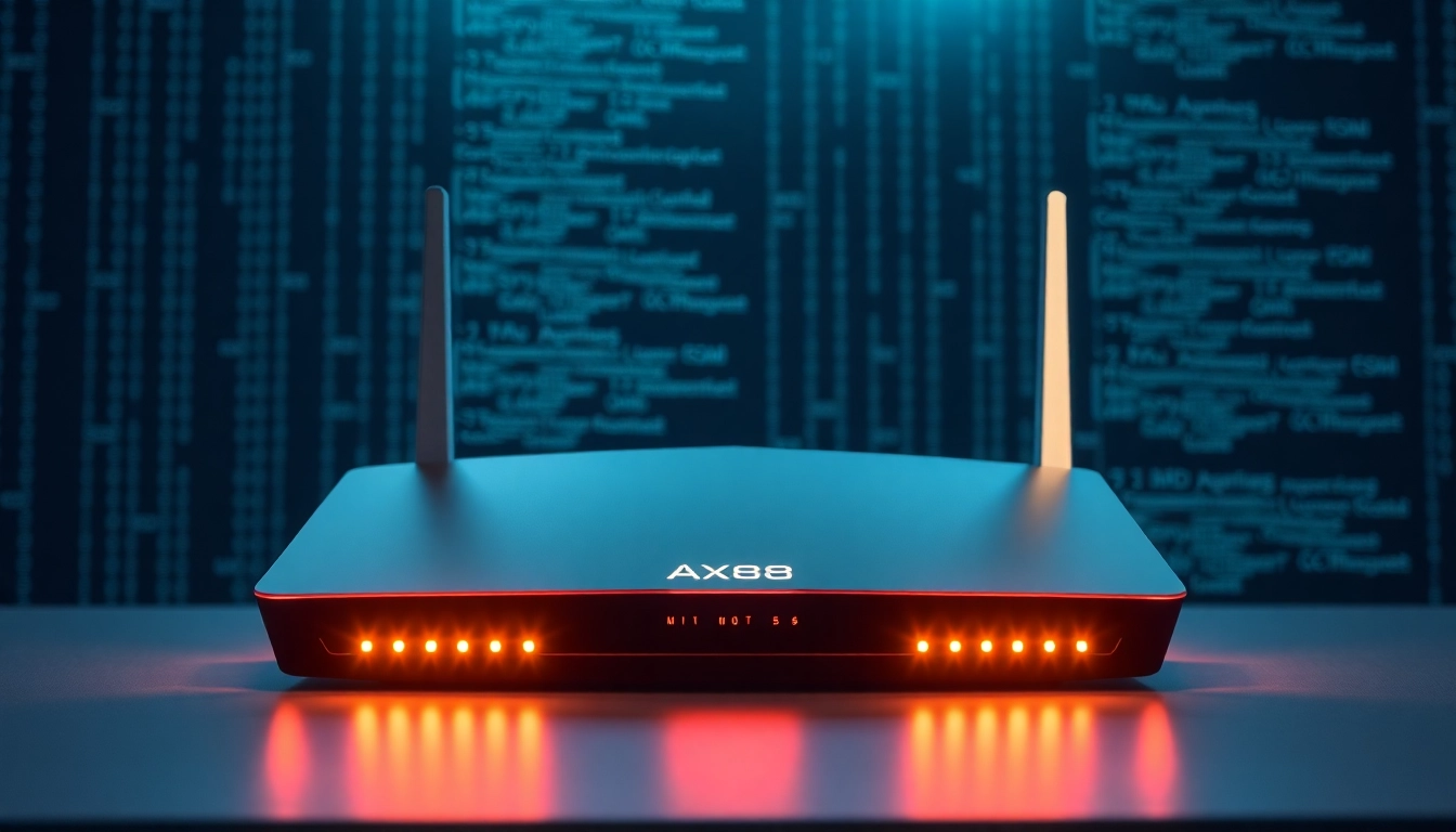 AX88 high-performance WiFi router featuring advanced antennas, glowing lights, and sleek design for fast internet speeds.