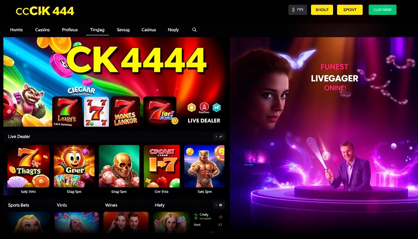 Action-packed scene at ck4444 online gaming platform showcasing colorful slots, live casino, and sports betting in Bangladesh with engaging visuals.