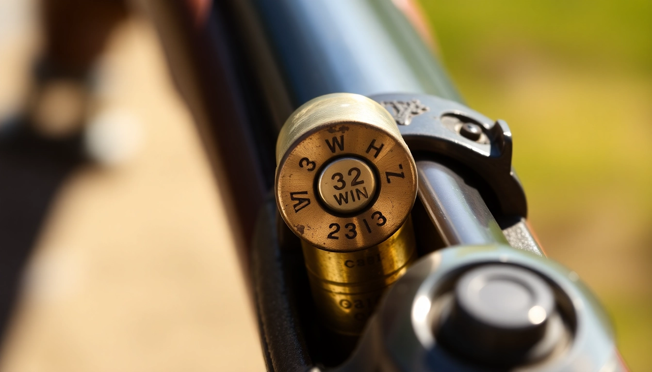 Detailed shot of a 32WIN cartridge with vintage rifle background, emphasizing precision and history.