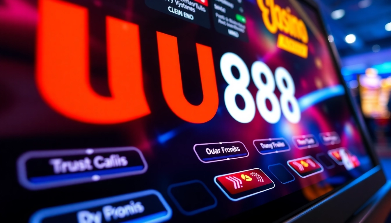 Digital casino with UU88 branding showcasing engaging gameplay, vibrant colors, and a user-friendly interface to attract online gamblers.