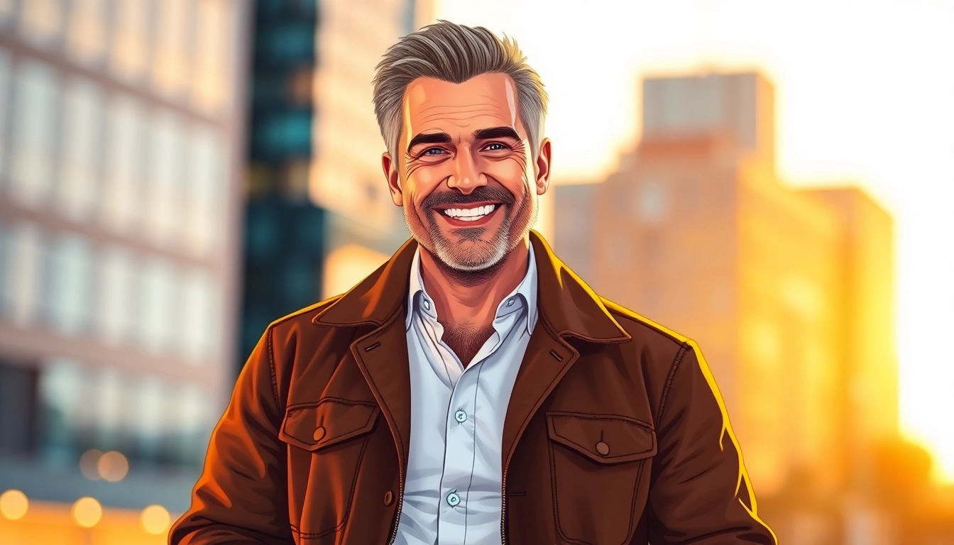 A confident middle-aged man smiling against an urban sunset background.