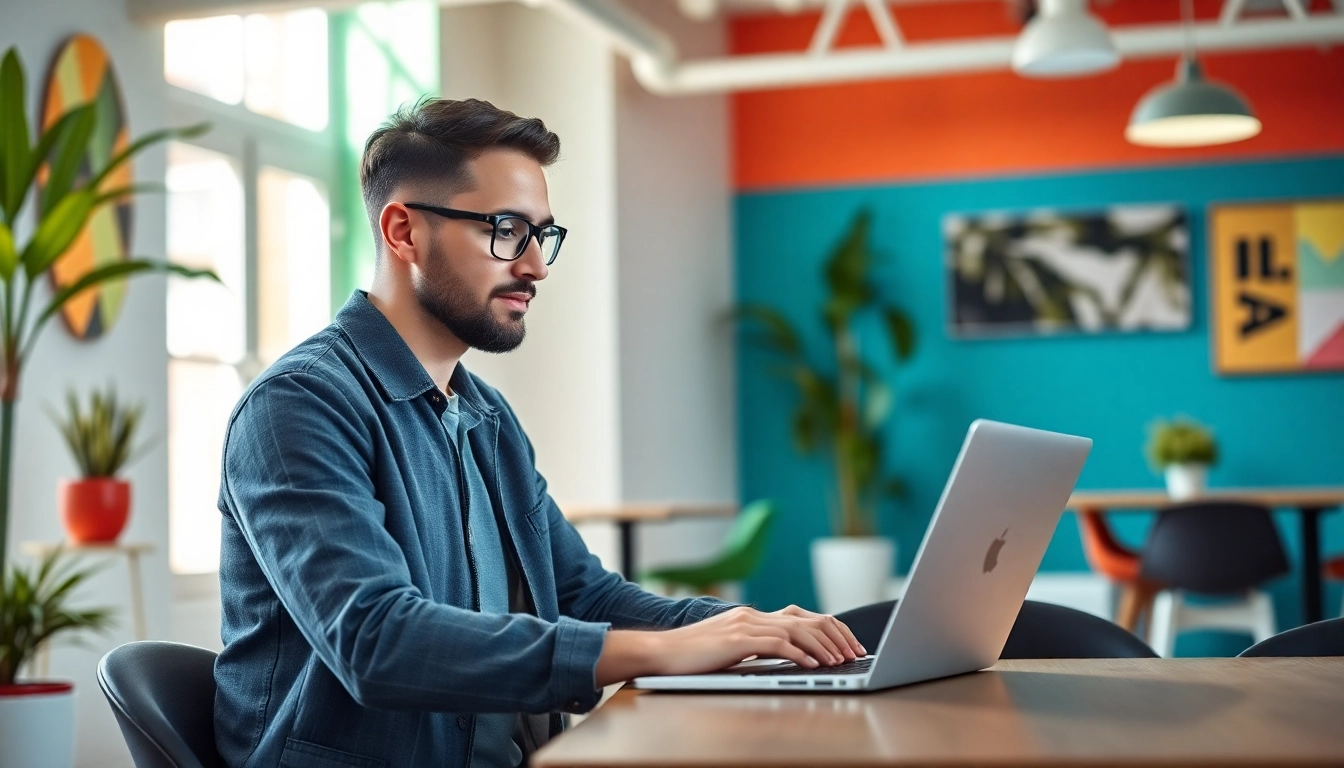 Professional freelancer engaging in freelance design jobs in France at a bright coworking