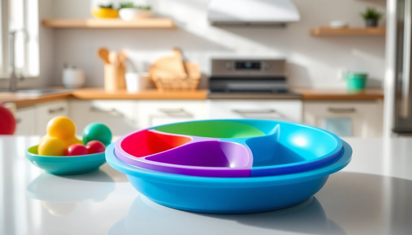 Piatto silicone divisorio 3 scomparti in colorful child-friendly kitchen setting, showing