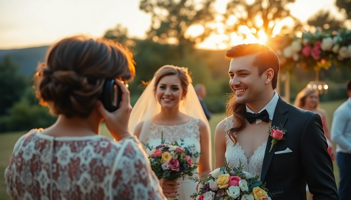 Professional eskuvoi fotos capturing a joyful couple during an outdoor wedding at sunset