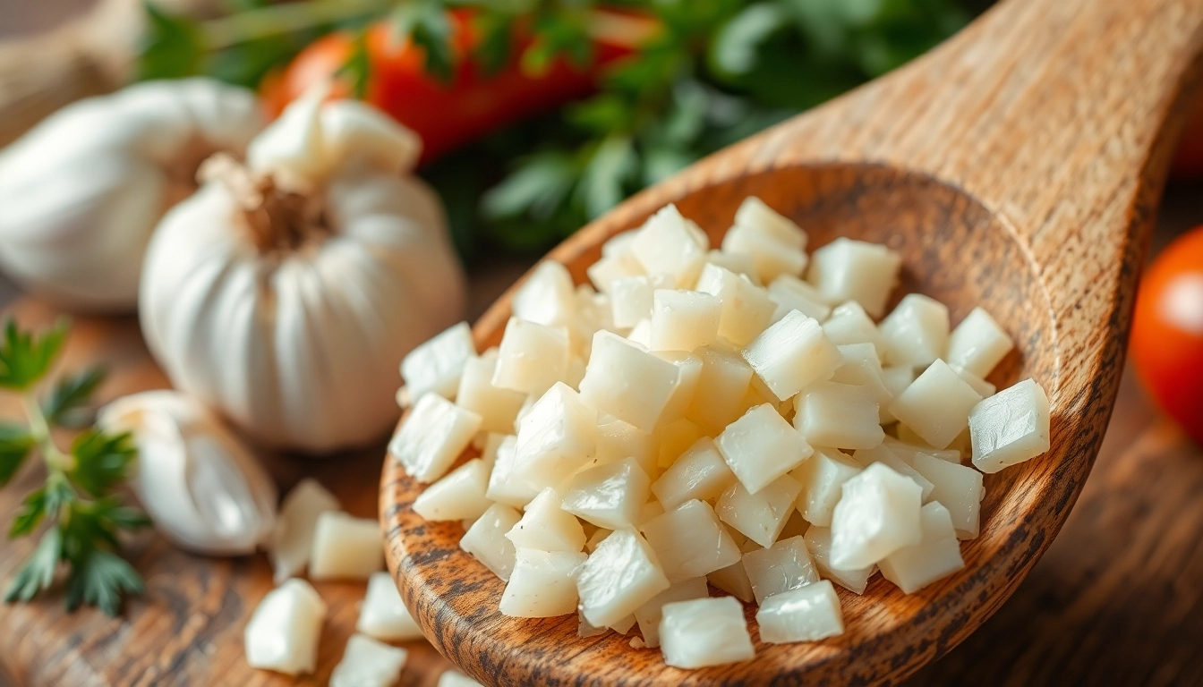 High-quality minced garlic ready for cooking, showcasing fresh texture and vibrant appearance